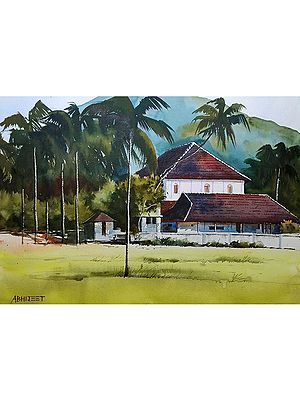 Village House Near Hills | Watercolor On Paper | By Abhijeet Bahadure