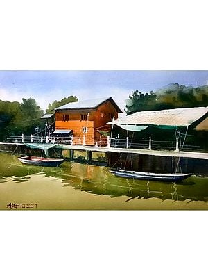 Boats On Green Lake Shore | Watercolor On Paper | By Abhijeet Bahadure