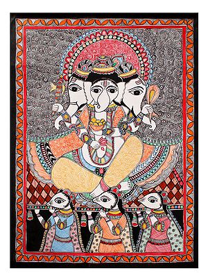Mushak Carrying Three Headed Lord Ganapati | Madhubani Painting