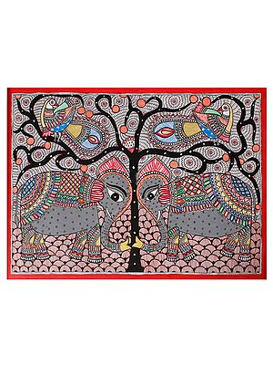 Pair of Elephant and Peacock | Madhubani Painting