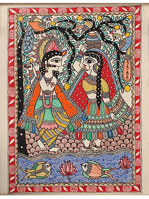 Lord Krishna Playing Flute with Radha | Madhubani Painting