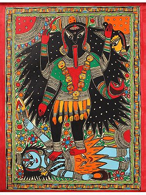 Goddess Kali Standing on Lord Shiva | Madhubani Painting