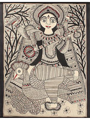 Devi Saraswati Seated on Swan | Black & White | Madhubani Painting
