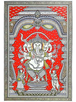 Lord Dancing Ganesha In Red Background | By ‎Ratikanta Moharana