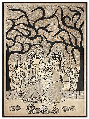 Radha Krishna on Swing | Madhubani Painting