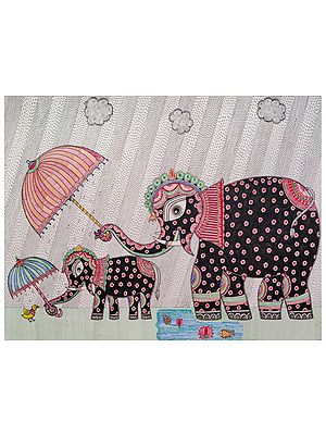 Mother and Baby Elephant In Rain | By Jaya Tiwari | Watercolor Painting
