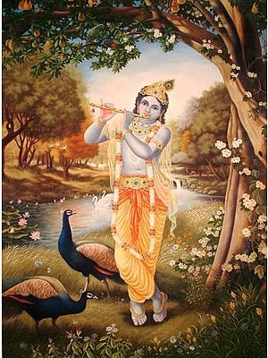 Painting of Krishna the Divine Musician | Oil on Canvas