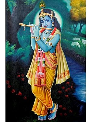 Shri Krishna Playing His Flute in the Grove of Vrindavan