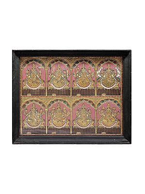 Goddess Ashtalakshmi Tanjore Painting | Traditional Colors With 24K Gold | Teakwood Frame | Gold & Wood | Handmade | Made In India