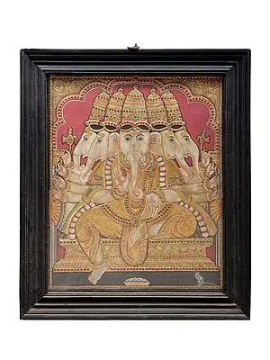 Beautiful Large Panchamukhi Ganesha Tanjore Painting | Traditional Colors With 24K Gold | Teakwood Frame | Gold & Wood | Handmade | Made In India