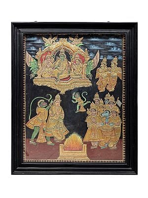 Scenes From The Ramayana Tanjore Painting | Traditional Colors With 24K Gold | Teakwood Frame | Gold & Wood | Handmade | Made In India