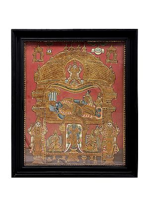 Lord Vishnu "Sri Ranganathar" Tanjore Painting | Traditional Colors With 24K Gold | Teakwood Frame | Gold & Wood | Handmade | Made In India