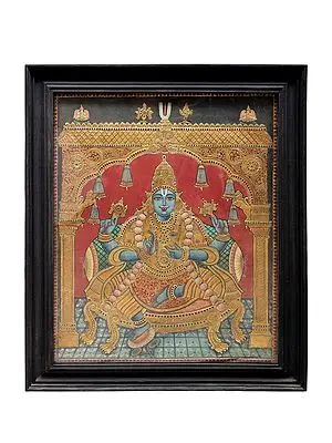 Lord Vishnu Tanjore Painting | Traditional Colors With 24K Gold | Teakwood Frame | Gold & Wood | Handmade | Made In India