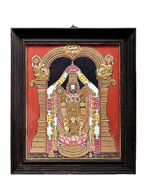 Lord Venkateshvara at Tirupati with Goddess Padmavati Tanjore Painting | Traditional Colors With 24K Gold | Teakwood Frame | Gold & Wood | Handmade | Made In India