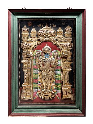 Standing Lord Vishnu Tanjore Painting | Traditional Colors With 24K Gold | Teakwood Frame | Gold & Wood | Handmade | Made In India
