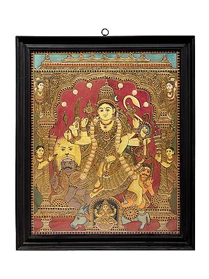 Mahishasura-Mardini Goddess Durga Tanjore Painting | Traditional Colors With 24K Gold | Teakwood Frame | Gold & Wood | Handmade | Made In India