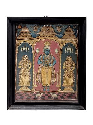 Lord Vitthal or Panduranga and Rukmini Tanjore Painting | Traditional Colors With 24K Gold | Teakwood Frame | Gold & Wood | Handmade | Made In India