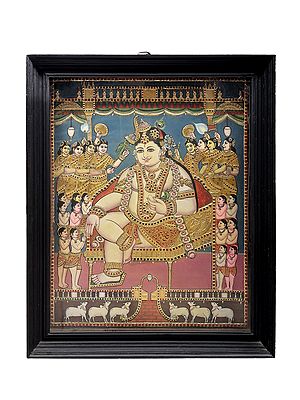 Lord Krishna Darbar Tanjore Painting | Traditional Colors With 24K Gold | Teakwood Frame | Gold & Wood | Handmade | Made In India