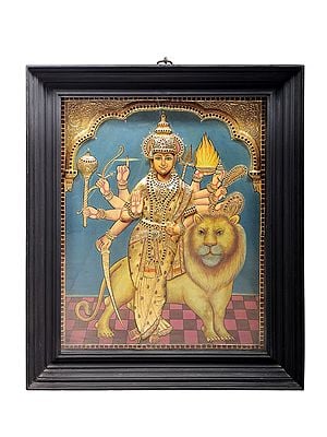 Goddess Durga Tanjore Painting | Traditional Colors With 24K Gold | Teakwood Frame | Gold & Wood | Handmade | Made In India