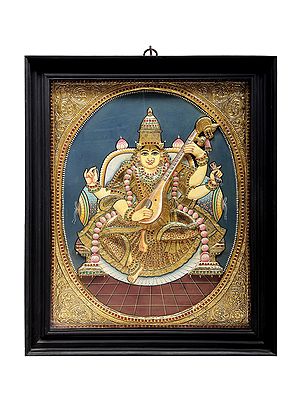 Goddess Saraswati Tanjore Painting | Traditional Colors With 24K Gold | Teakwood Frame | Gold & Wood | Handmade | Made In India