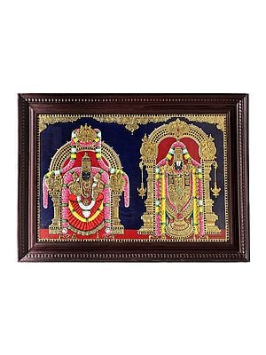 Lord Venkateswara as Balaji At Tirupati With Goddess Lakshmi Tanjore Painting | Teakwood Frame | 24K Gold & Wood |  Made In India
