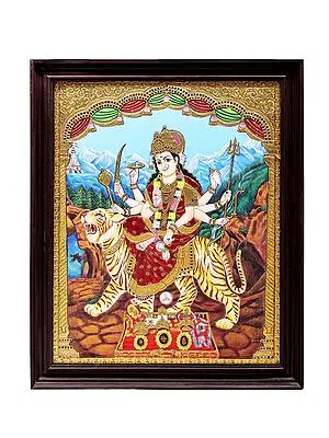 Ashtabhuja Goddess Durga Tanjore Painting | Traditional Colors With 24K Gold | Teakwood Frame | Handmade | Made In India