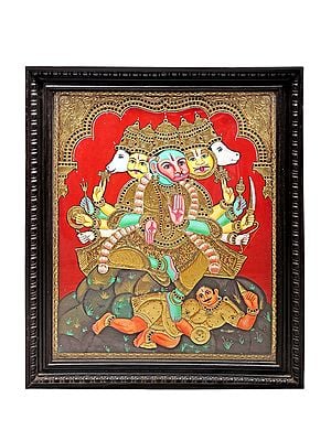 Ashtabhujadhari Pancamukha Hanuman Tanjore Painting | Traditional Colors With 24K Gold | Teakwood Frame | Gold & Wood | Handmade | Made In India
