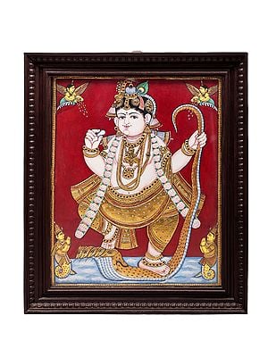 Lord Krishna and Kaliya Tanjore Painting | Traditional Colors With 24K Gold | Teakwood Frame | Gold & Wood | Handmade | Made In India