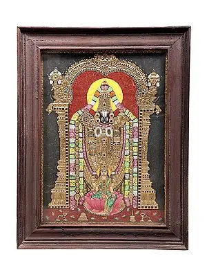 Lord Venkateshvara at Tirupati with Goddess Padmavati Tanjore Painting | Traditional Colors With 24K Gold | Teakwood Frame | Gold & Wood | Handmade | Made In India