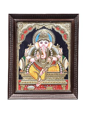 Bhagawan Ganesha Tanjore Painting | Traditional Colors With 24K Gold | Teakwood Frame | Gold & Wood | Handmade | Made In India