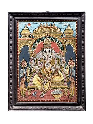 Seated  Lord Ganesha Tanjore Painting | Traditional Colors With 24K Gold | Teakwood Frame | Gold & Wood | Handmade | Made In India