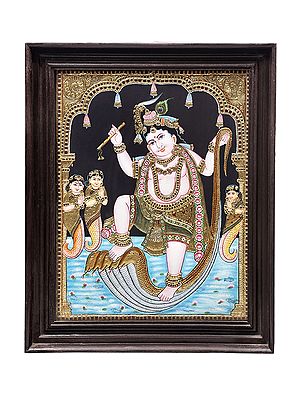 Lord Krishna dancing on Serpent Kaliya Tanjore Painting | Traditional Colors With 24K Gold | Teakwood Frame | Gold & Wood | Handmade | Made In India