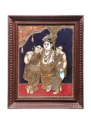 Lord Krishna With His Consorts Rukmini And Satyabhama Tanjore Painting | Traditional Colors With 24K Gold | Teakwood Frame | Gold & Wood | Handmade | Made In India