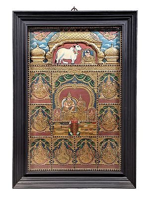 Kubera and Ashtalakshmi Tanjore Painting | Traditional Colors With 24K Gold | Teakwood Frame | Gold & Wood | Handmade | Made In India