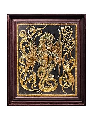 Tibetan Dragon Tanjore Painting | Traditional Colors With 24K Gold | Teakwood Frame | Gold & Wood | Handmade | Made In India