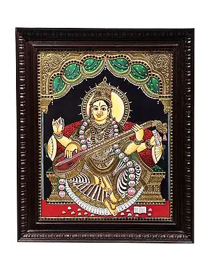 Goddess Saraswati Tanjore Painting | Traditional Colors With 24K Gold | Teakwood Frame | Gold & Wood | Handmade | Made In India