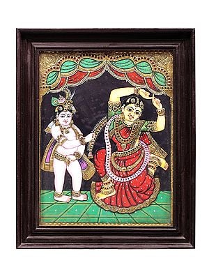 Lord Krishna and Radha Tanjore Painting | Traditional Colors with 24K Gold | Teakwood Frame | Handmade | Made in India