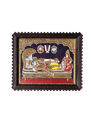 Lord Vishnu with Lakshmi on Sheshnag Tanjore Painting | Traditional Colors With 24K Gold | Teakwood Frame | Gold & Wood | Handmade | Made In India