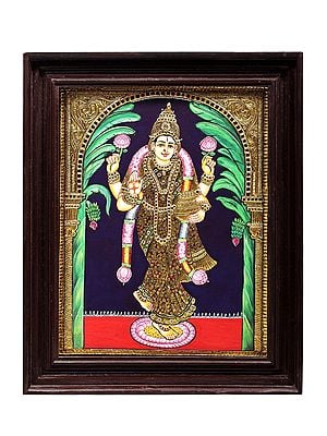Standing Goddess Lakshmi Tanjore Painting | Traditional Colors With 24K Gold | Teakwood Frame | Gold & Wood | Handmade | Made In India