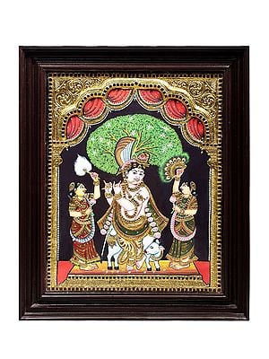 Fluting Krishna with His Beloved Cow Tanjore Painting | Traditional Colors With 24K Gold | Teakwood Frame | Gold & Wood | Handmade | Made In India