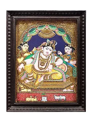 Lord Krishna Tanjore Painting | Traditional Colors With 24K Gold | Teakwood Frame | Gold & Wood | Handmade | Made In India