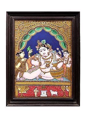 Navaneeta Krishna Tanjore Painting | Traditional Colors With 24K Gold | Teakwood Frame | Gold & Wood | Handmade | Made In India