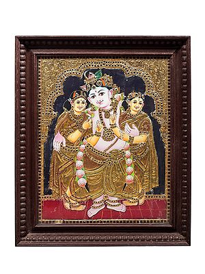 Lord Krishna With Rukmini And Satyabhama Tanjore Painting | Traditional Colors With 24K Gold | Teakwood Frame | Gold & Wood | Handmade | Made In India