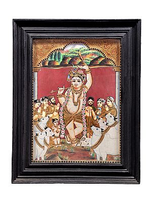 Lord Krishna Lifts Mount Govardhan Tanjore Painting | Traditional Colors With 24K Gold | Teakwood Frame | Gold & Wood | Handmade | Made In India