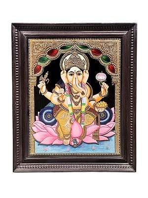 Lord Ganesha Seated on Lotus Tanjore Painting | Traditional Colors With 24K Gold | Teakwood Frame | Gold & Wood | Handmade | Made In India