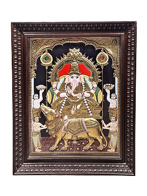Lord Ganesha Seated on a Rat Tanjore Painting | Traditional Colors With 24K Gold | Teakwood Frame | Gold & Wood | Handmade | Made In India
