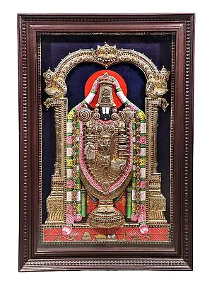 Lord Venkateshvara as Balaji Tanjore Painting | Traditional Colors With 24K Gold | Teakwood Frame | Gold & Wood | Handmade | Made In India
