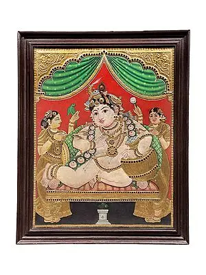 Butter Krishna Tanjore Painting | Traditional Colors With 24K Gold | Teakwood Frame | Gold & Wood | Handmade | Made In India