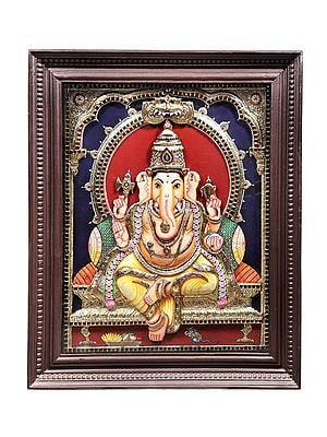 Lord Ganesha Tanjore Painting | Traditional Colors With 24K Gold | Teakwood Frame | Gold & Wood | Handmade | Made In India