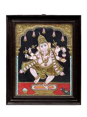 Dancing Lord Ganesha Tanjore Painting | Traditional Colors With 24K Gold | Teakwood Frame | Gold & Wood | Handmade | Made In India